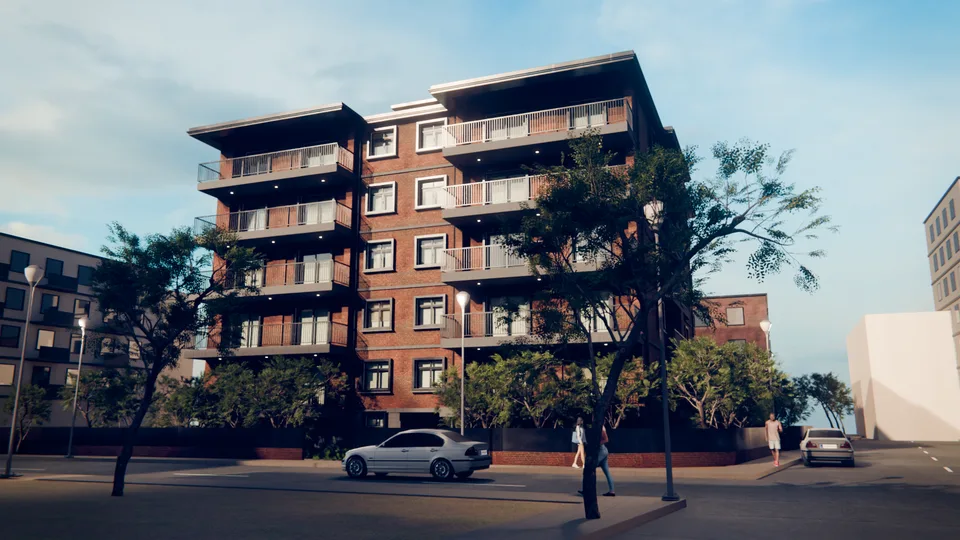 Tuğla kaplamalı konut cephesinin sokak seviyesinden render görünümü